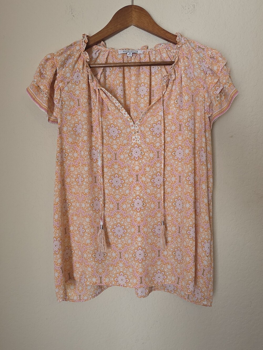 Rose & Ruffle Blouse Womens Medium Orange Pink Floral Print Cottagecore